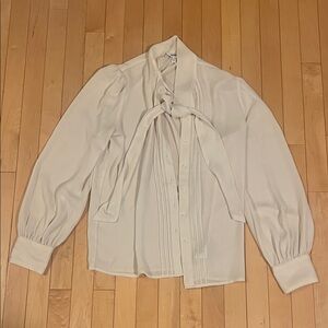 Express Size Small Long Sleeve White Blouse with Tie Neck Detail